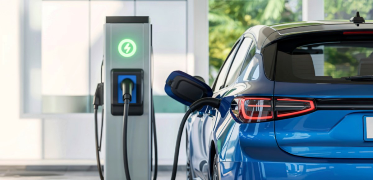 Electric car charging at a charging point 