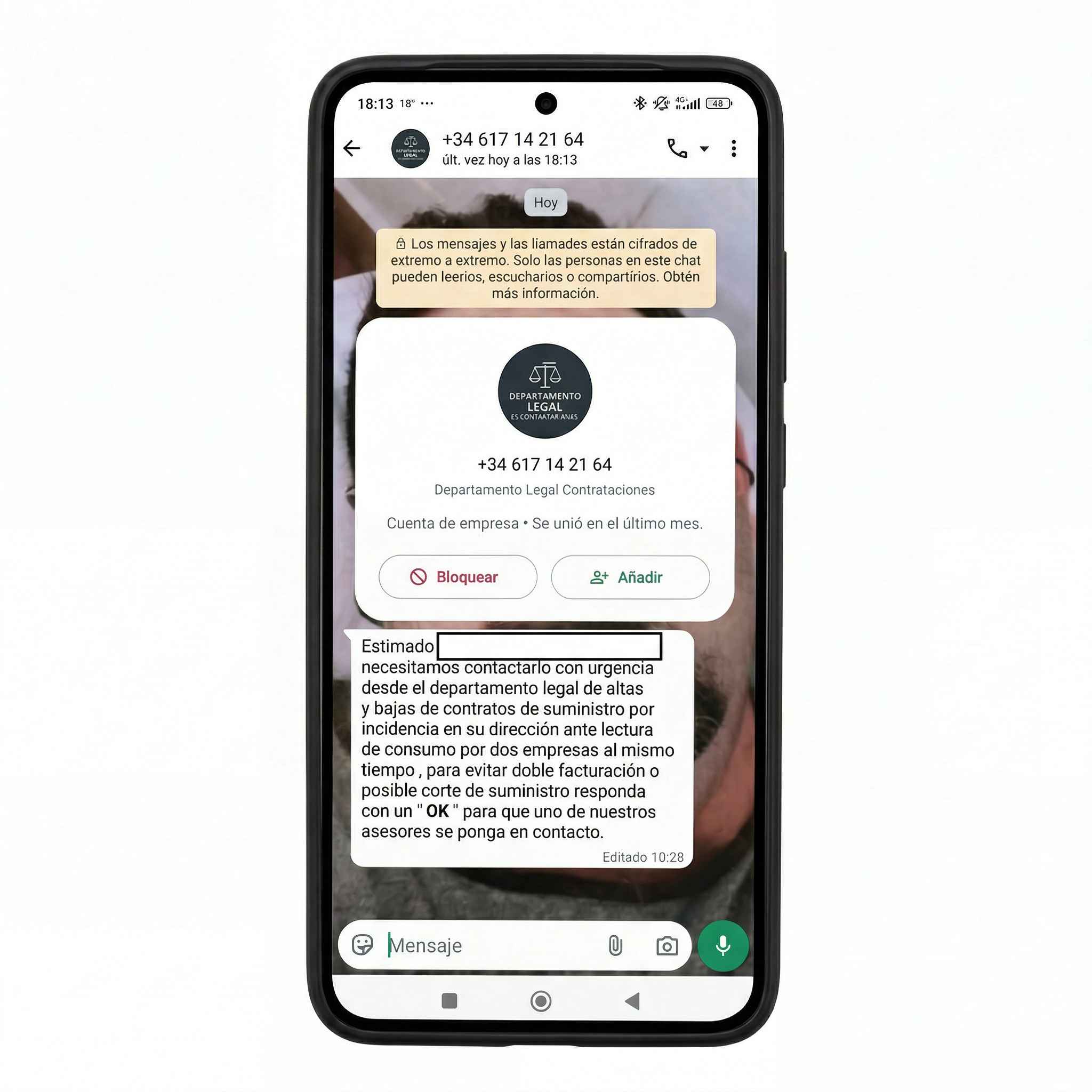 “Asunto ENDESA, urge que contacte en el teléfono 911081089. En caso de no regularizar la deuda, podría comportar su inclusión en registros de morosidad. MC2 LEGAL”.
