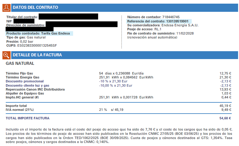 Factura gas
