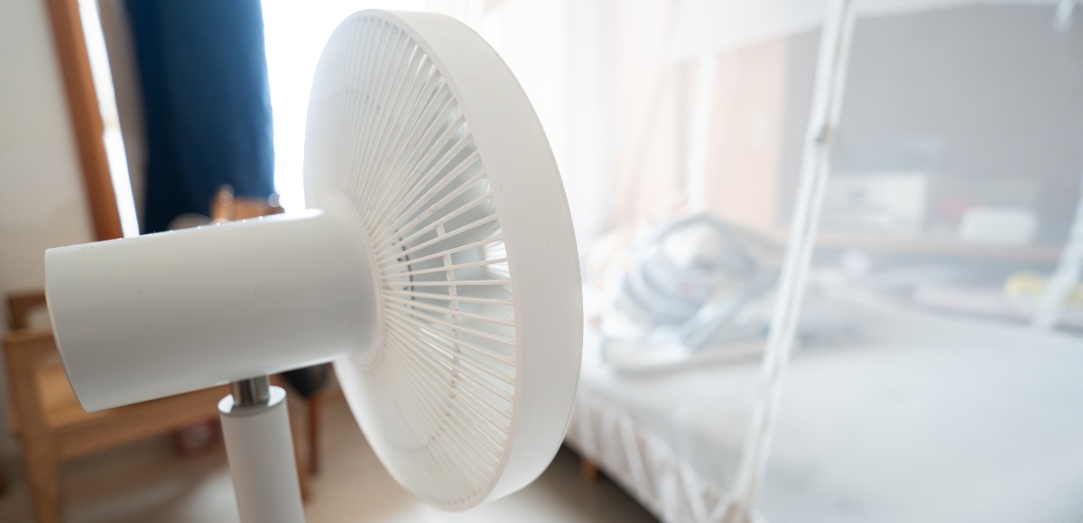 Ventilador delante de una cama con mosquitera