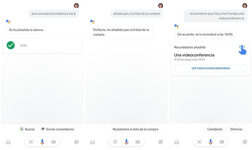 Imagen: muestra ejemplo de recordatorio, alarma, y lista de compra añadidos a través de asistente por voz 